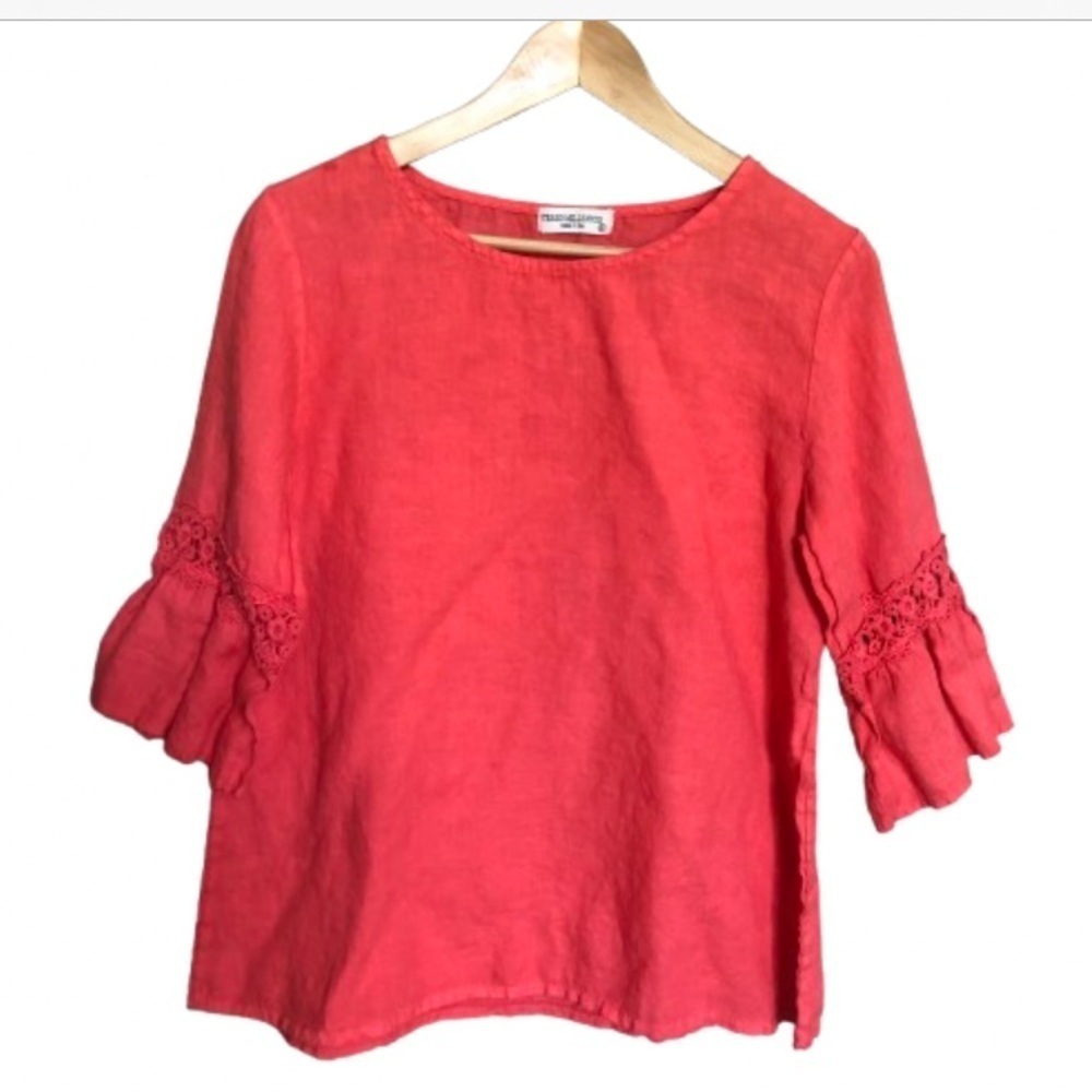 Italian Linen  Coral Pink  Top with Lace Sleeves Medium